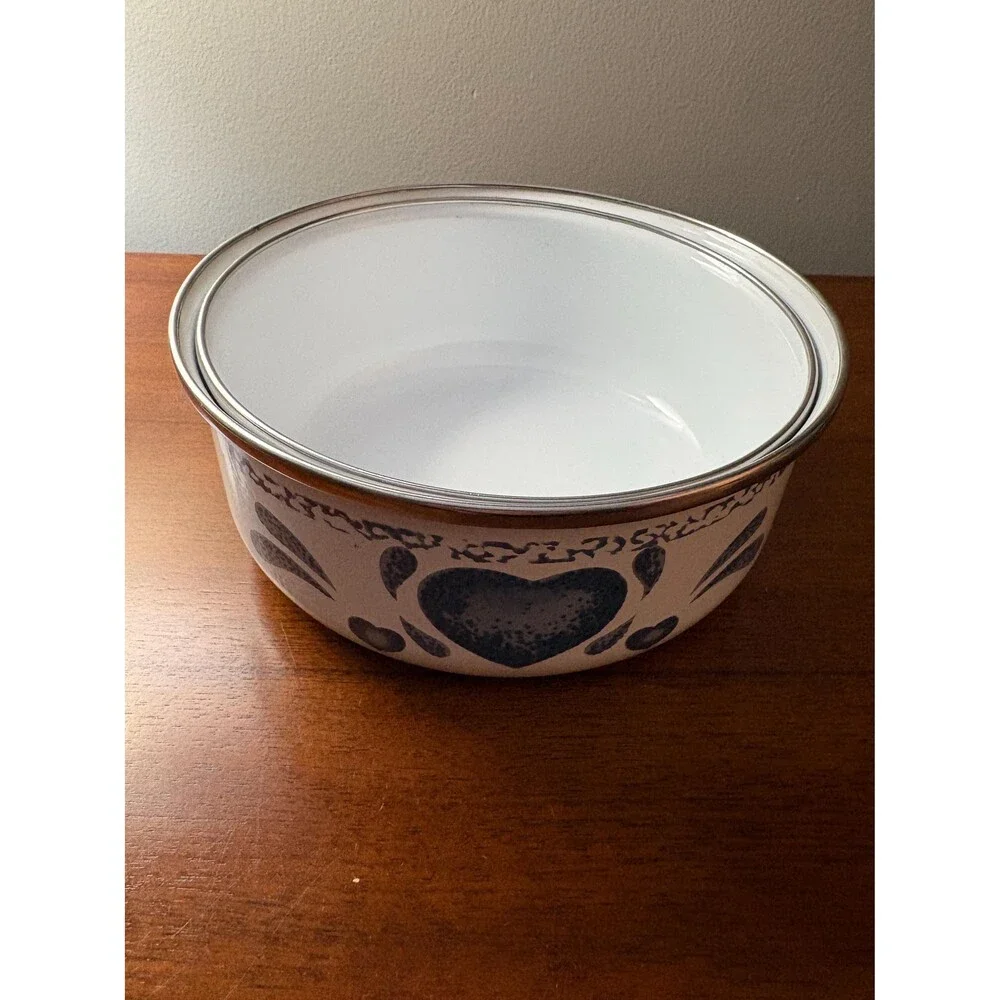 Vintage White Enamelware Nesting Bowls Blue Sponge Heart Pattern Country Cottage